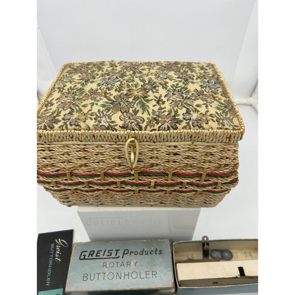 Vintage Floral Sewing Basket Box with Greist Rotarty Buttonholer